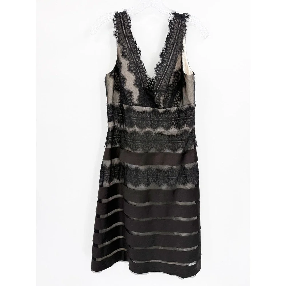 JS Collections Black Lace Satin Tiered V-Neck Cocktail Dress Size 10 Evening